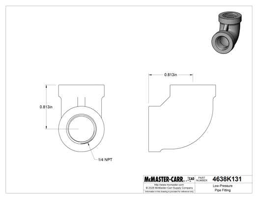 Technical drawing of Low-Pressure Pipe Fitting, Galvanized Iron, 90 Degree Elbow Connector, 1/4 NPT Female.